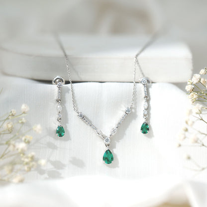 Lab Created Emerald and Moissanite Bridal Necklace Earrings Set