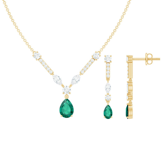 Lab Created Emerald and Moissanite Bridal Necklace Earrings Set