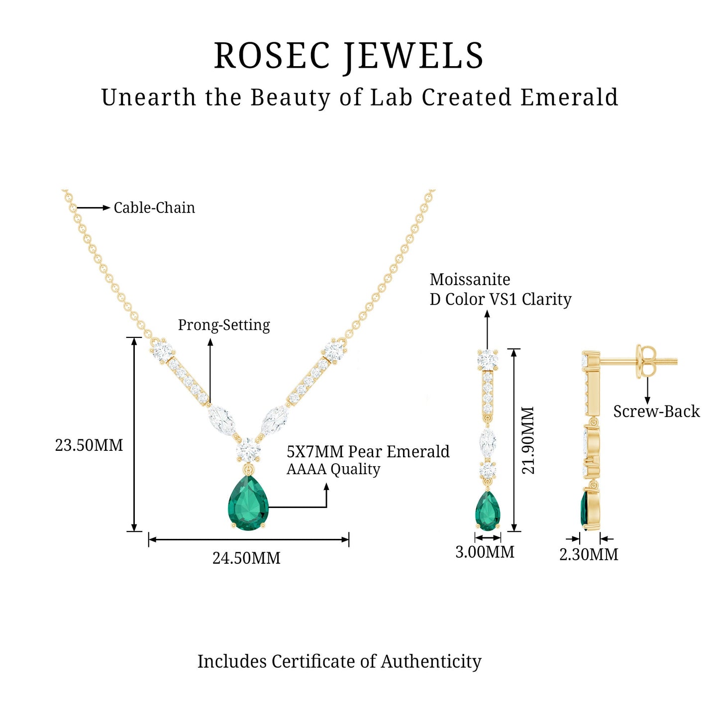 Lab Created Emerald and Moissanite Bridal Necklace Earrings Set
