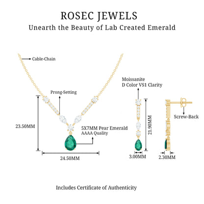 Lab Created Emerald and Moissanite Bridal Necklace Earrings Set