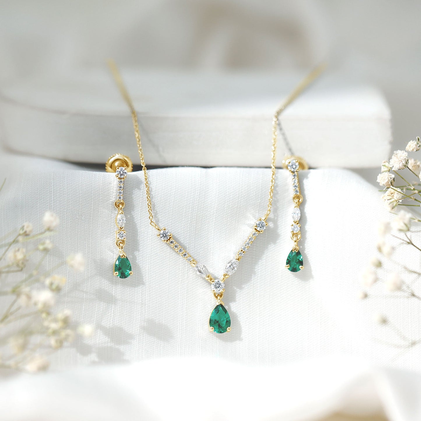 Lab Created Emerald and Moissanite Bridal Necklace Earrings Set