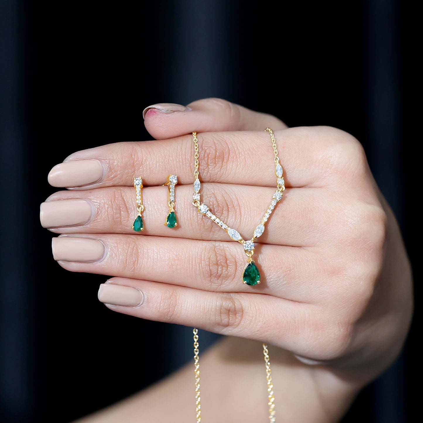 Lab Created Emerald and Moissanite Bridal Necklace Earrings Set