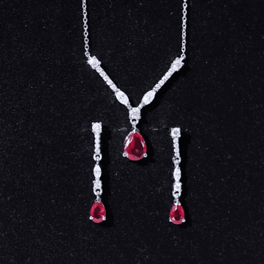 Lab Created Ruby and Moissanite Teardrop Necklace Earrings Set