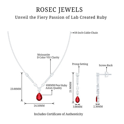 Lab Created Ruby and Moissanite Teardrop Necklace Earrings Set