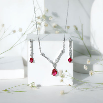 Lab Created Ruby and Moissanite Teardrop Necklace Earrings Set
