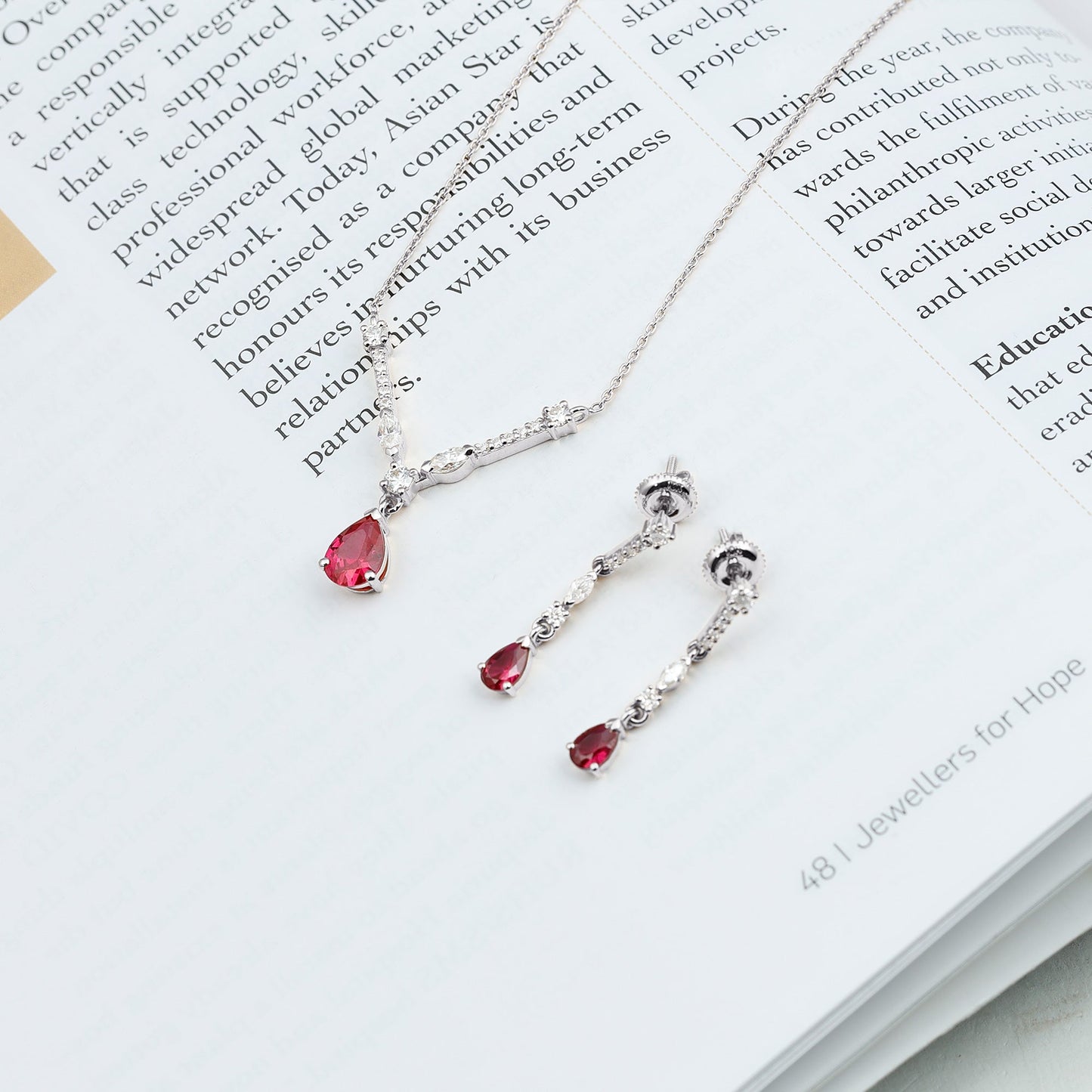 Lab Created Ruby and Moissanite Teardrop Necklace Earrings Set