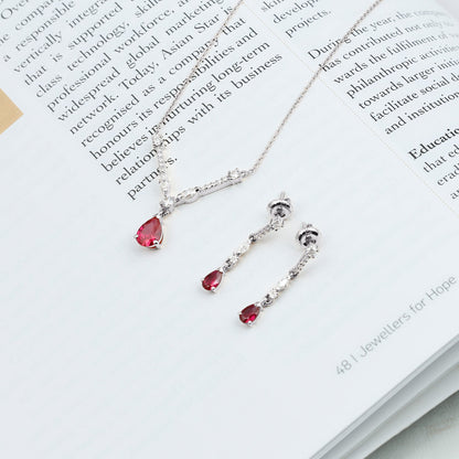 Lab Created Ruby and Moissanite Teardrop Necklace Earrings Set