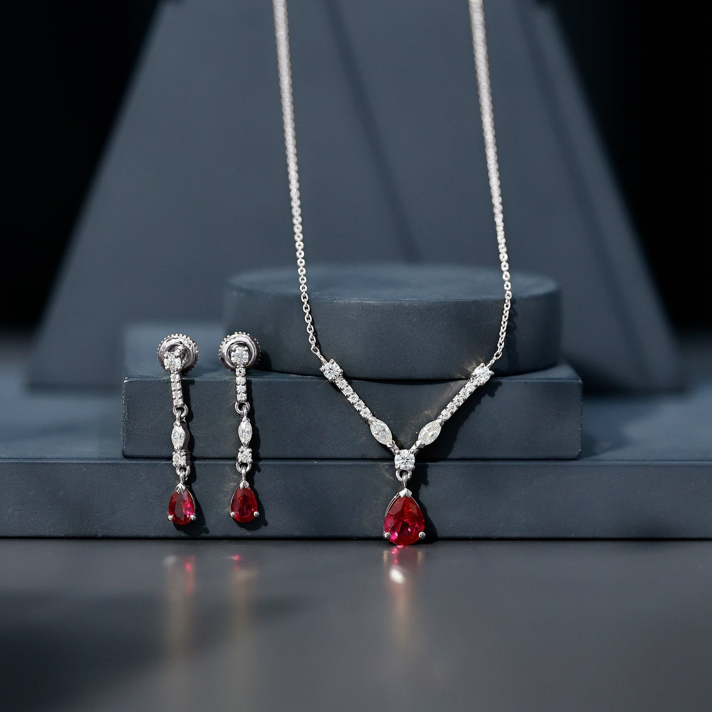 Lab Created Ruby and Moissanite Teardrop Necklace Earrings Set