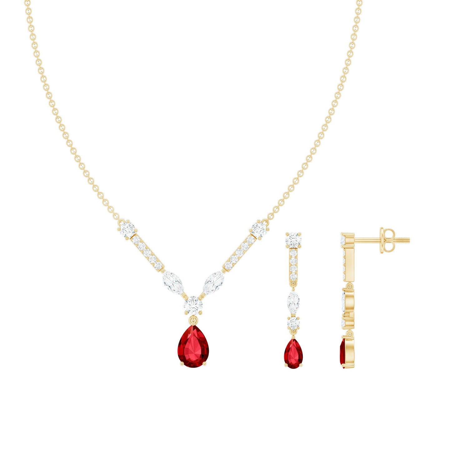 Lab Created Ruby and Moissanite Teardrop Necklace Earrings Set