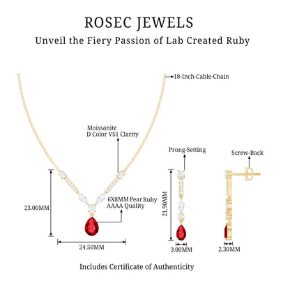 Lab Created Ruby and Moissanite Teardrop Necklace Earrings Set