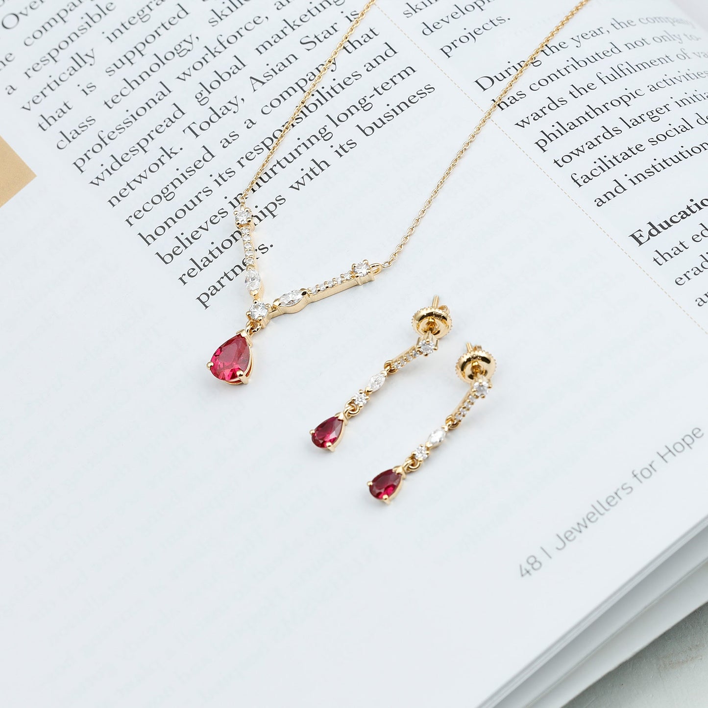 Lab Created Ruby and Moissanite Teardrop Necklace Earrings Set