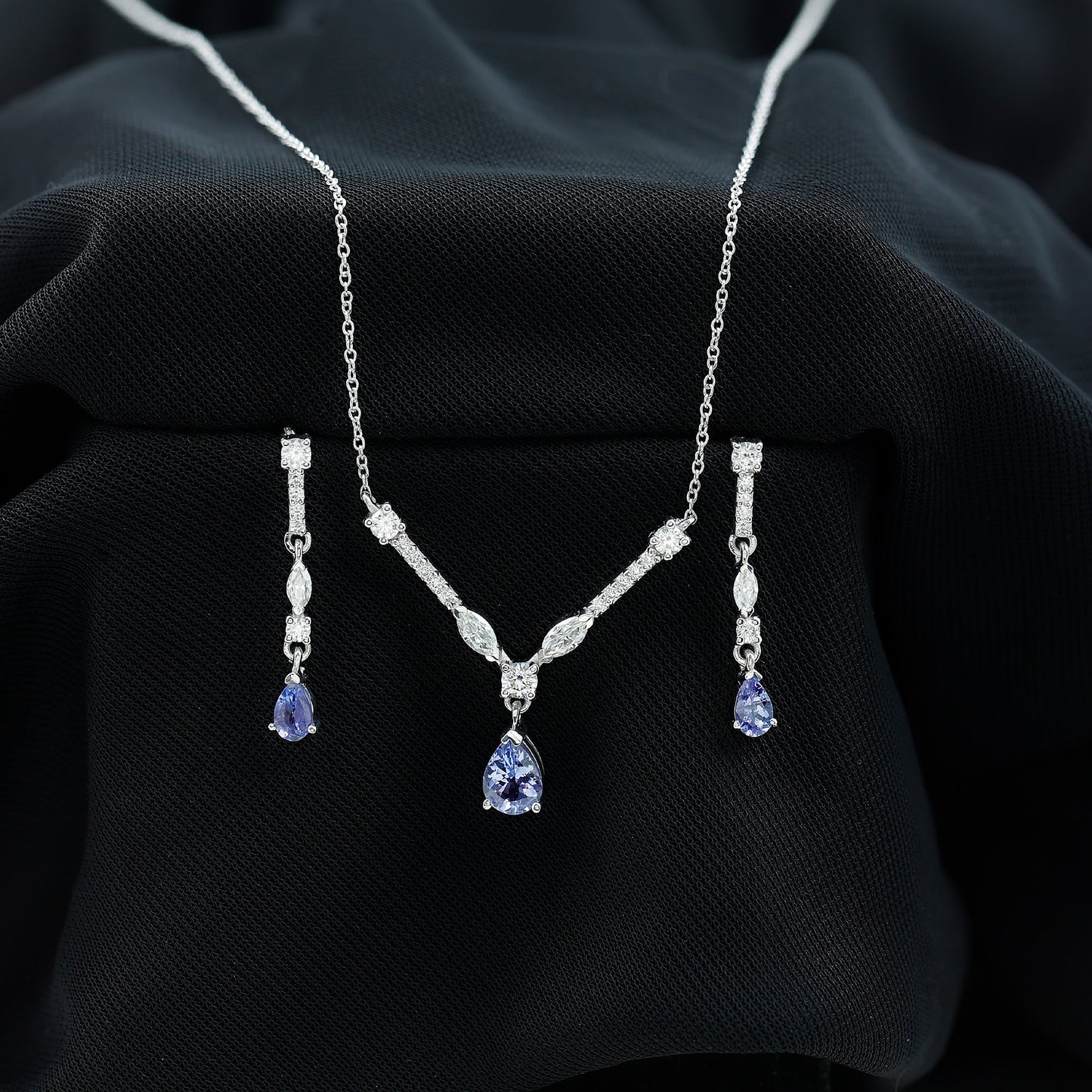 Tanzanite and Moissanite Drop Necklace Earrings Set