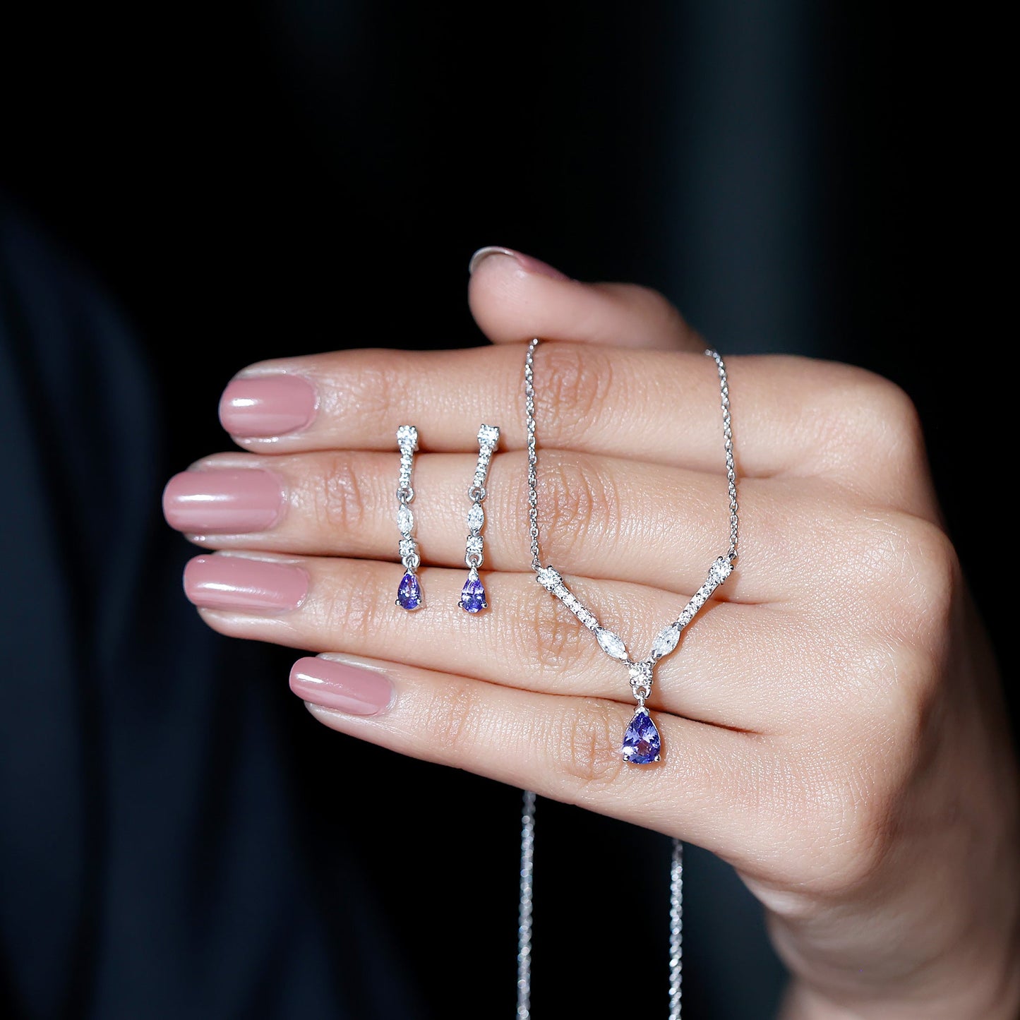Tanzanite and Moissanite Drop Necklace Earrings Set