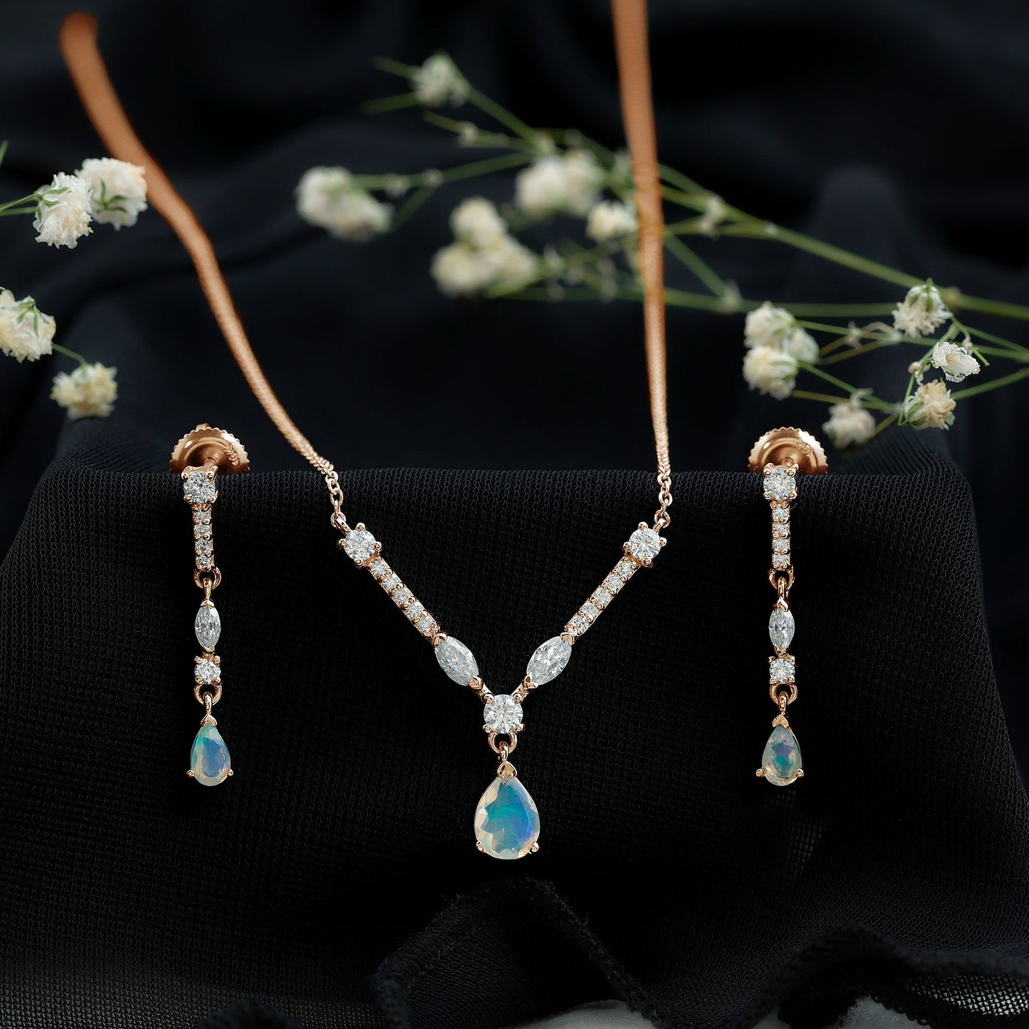 Natural Ethiopian Opal and Moissanite Teardrop Jewelry Set