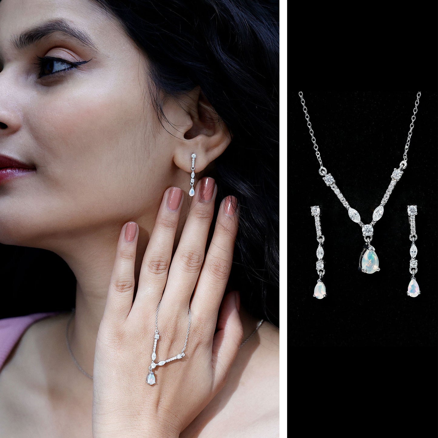 Natural Ethiopian Opal and Moissanite Teardrop Jewelry Set