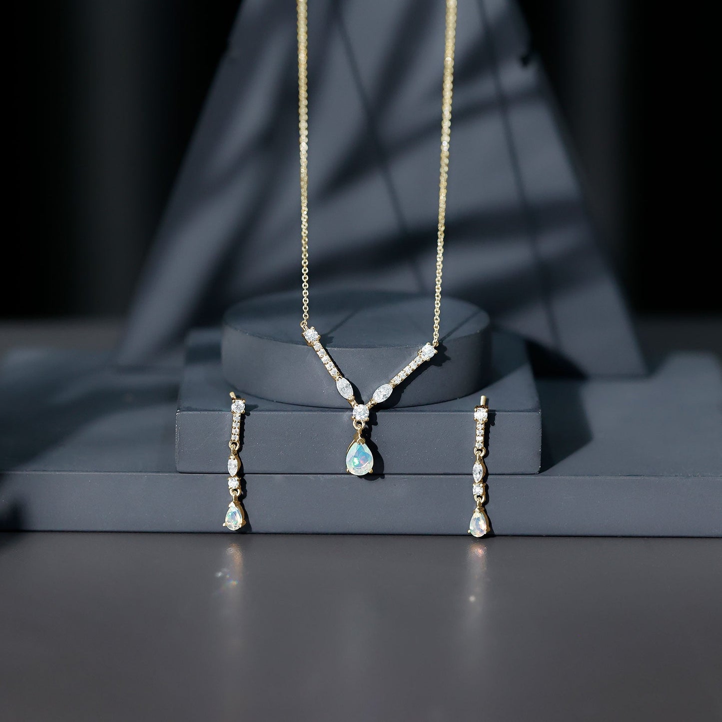 Natural Ethiopian Opal and Moissanite Teardrop Jewelry Set