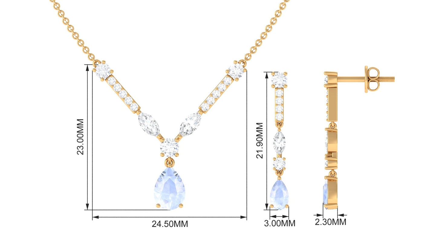 Pear Shape Moonstone and Moissanite Drop Necklace and Earrings