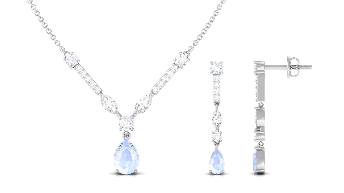 Pear Shape Moonstone and Moissanite Drop Necklace and Earrings