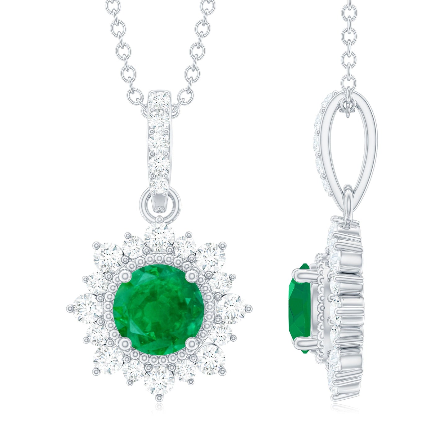 Natural Half Carat Emerald Flower Necklace with Diamond Halo