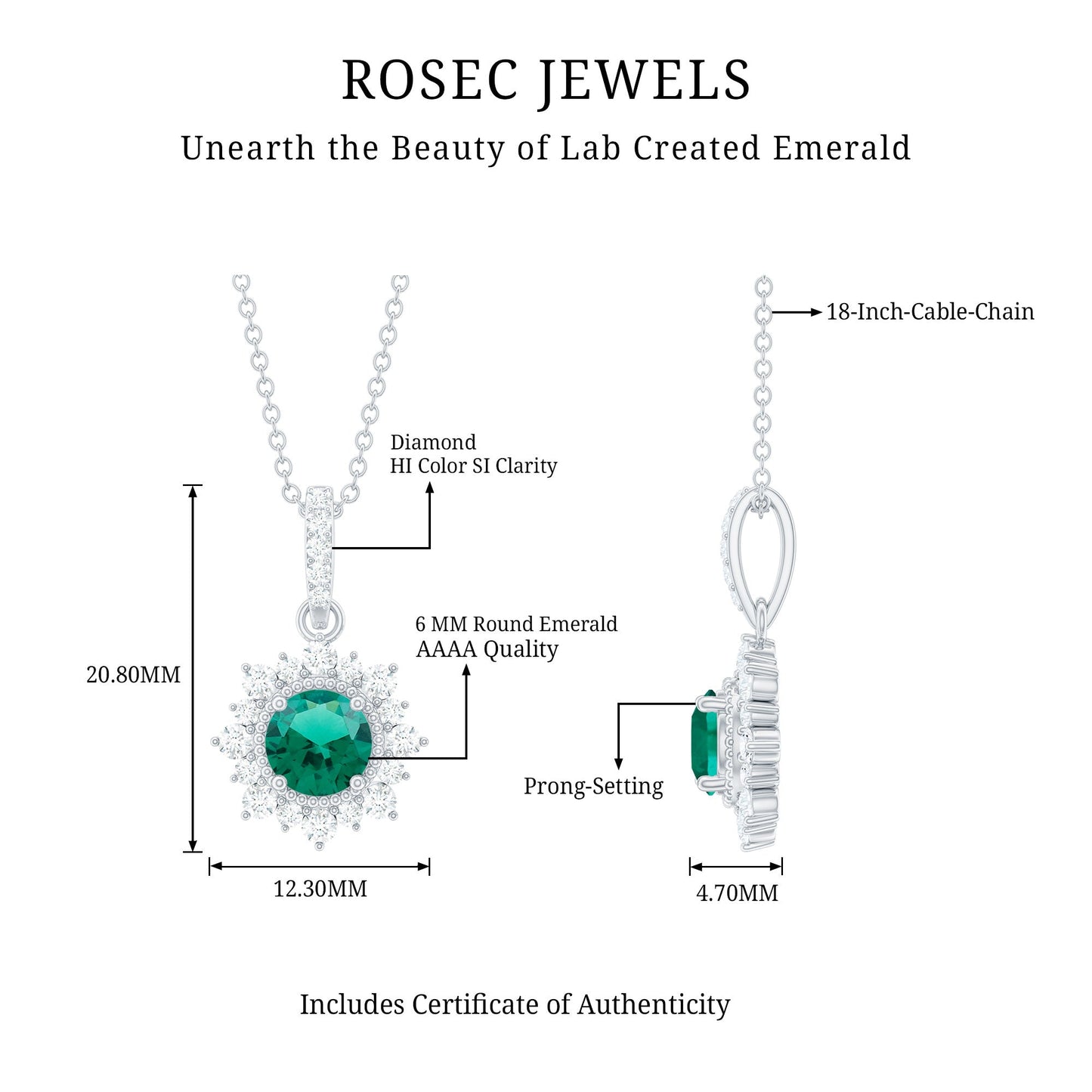 0.8 Carat Round Lab Created Emerald Halo Pendant with Diamonds
