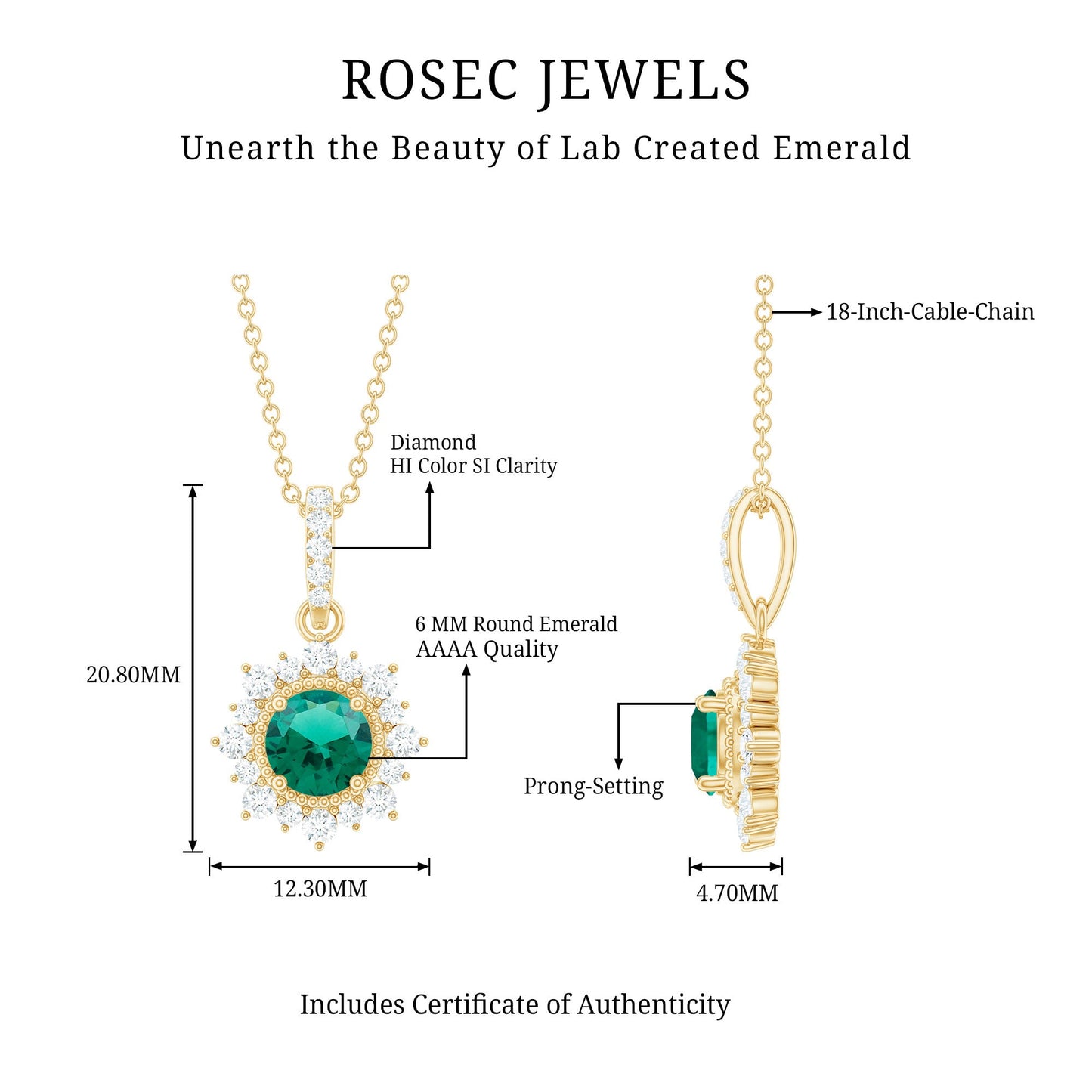 0.8 Carat Round Lab Created Emerald Halo Pendant with Diamonds