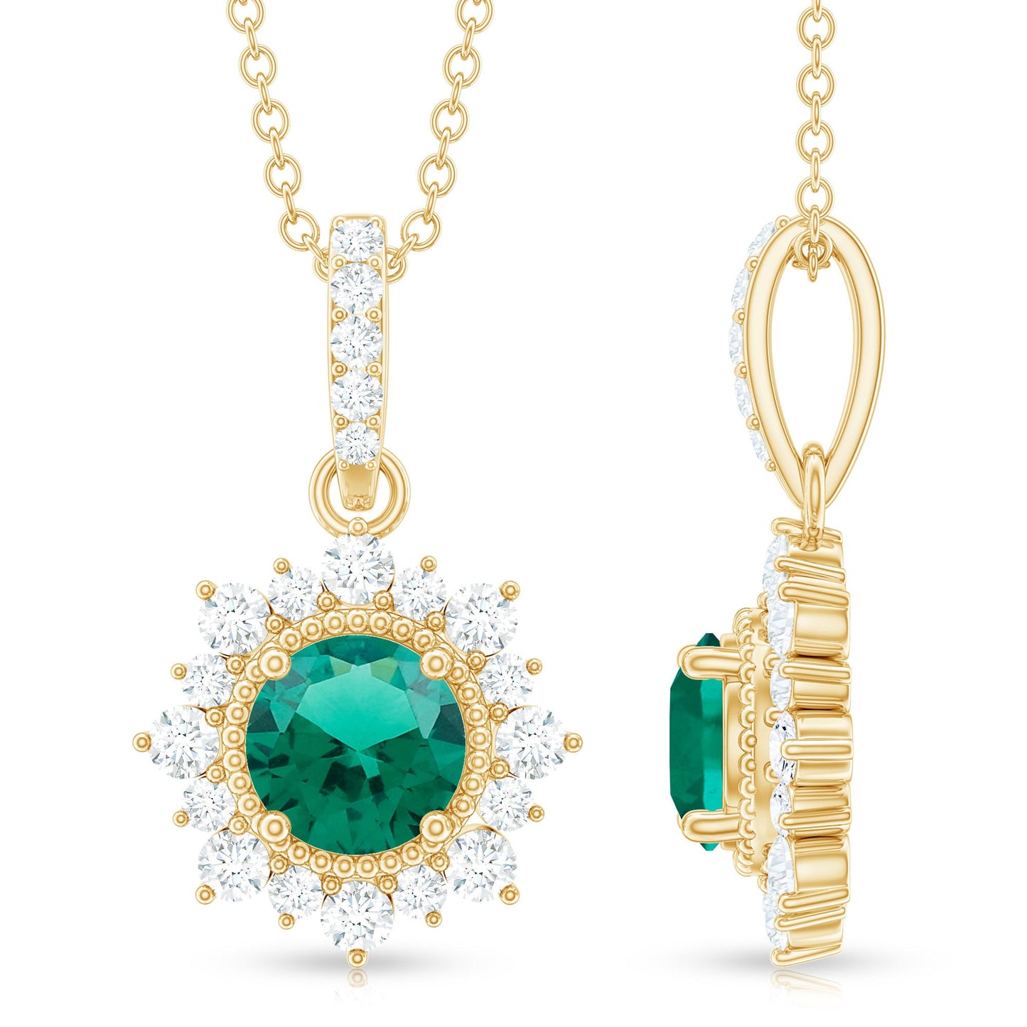 0.8 Carat Round Lab Created Emerald Halo Pendant with Diamonds