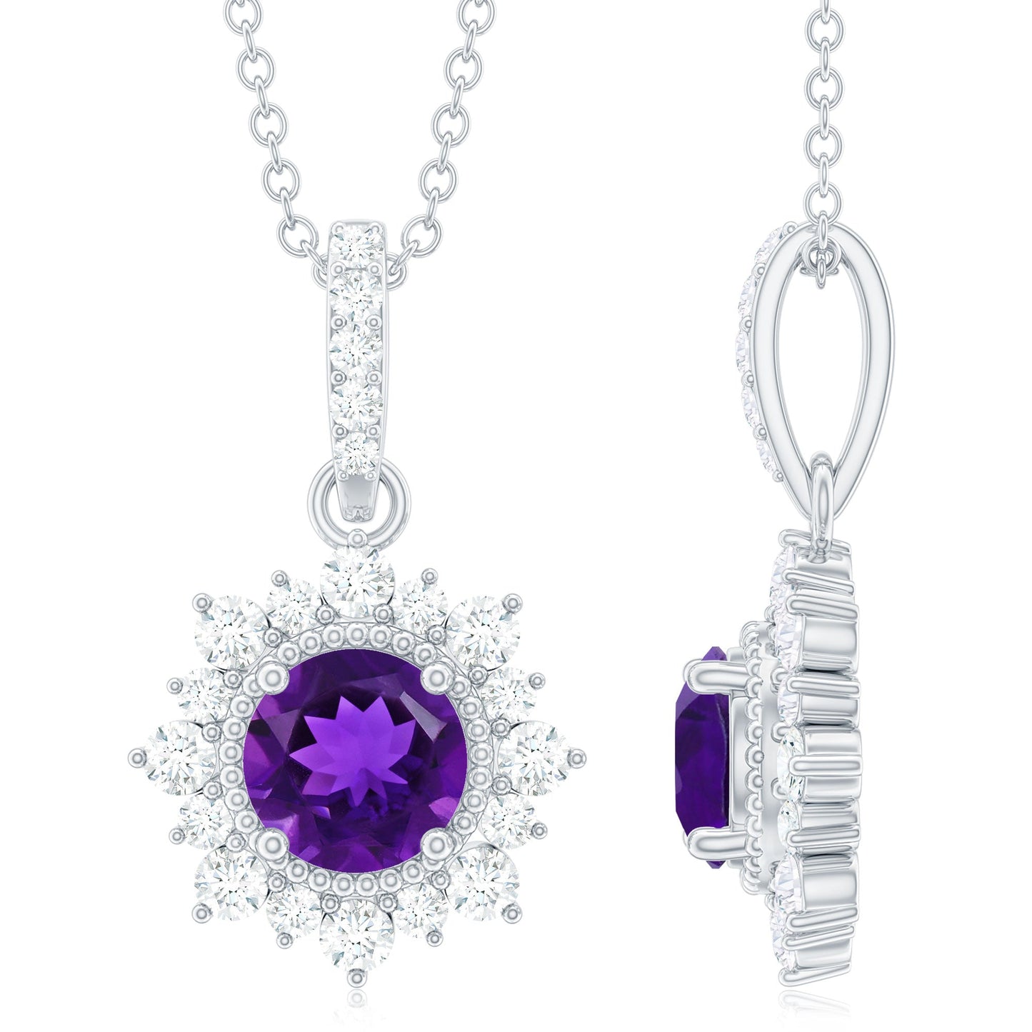 Certified Natural Amethyst Pendant Necklace with Diamond Halo