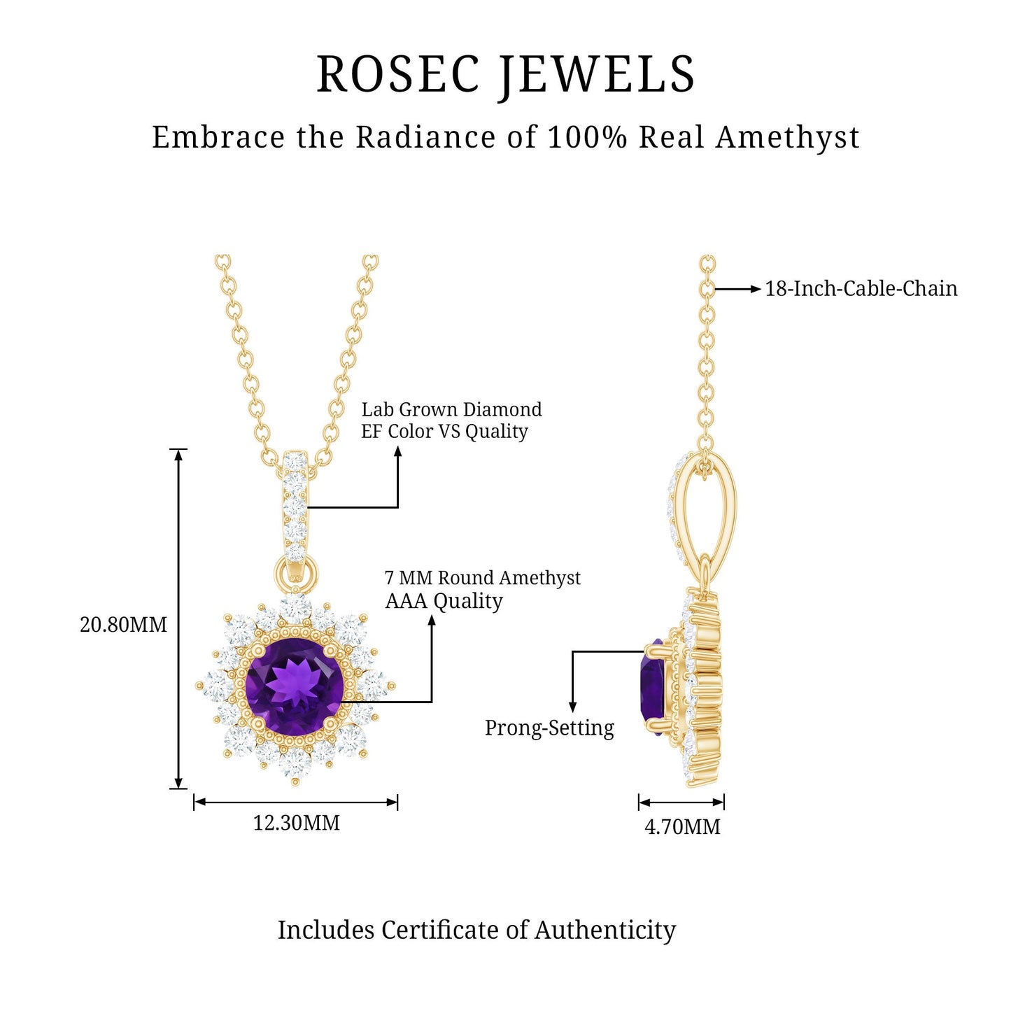 Certified Natural Amethyst Pendant Necklace with Diamond Halo