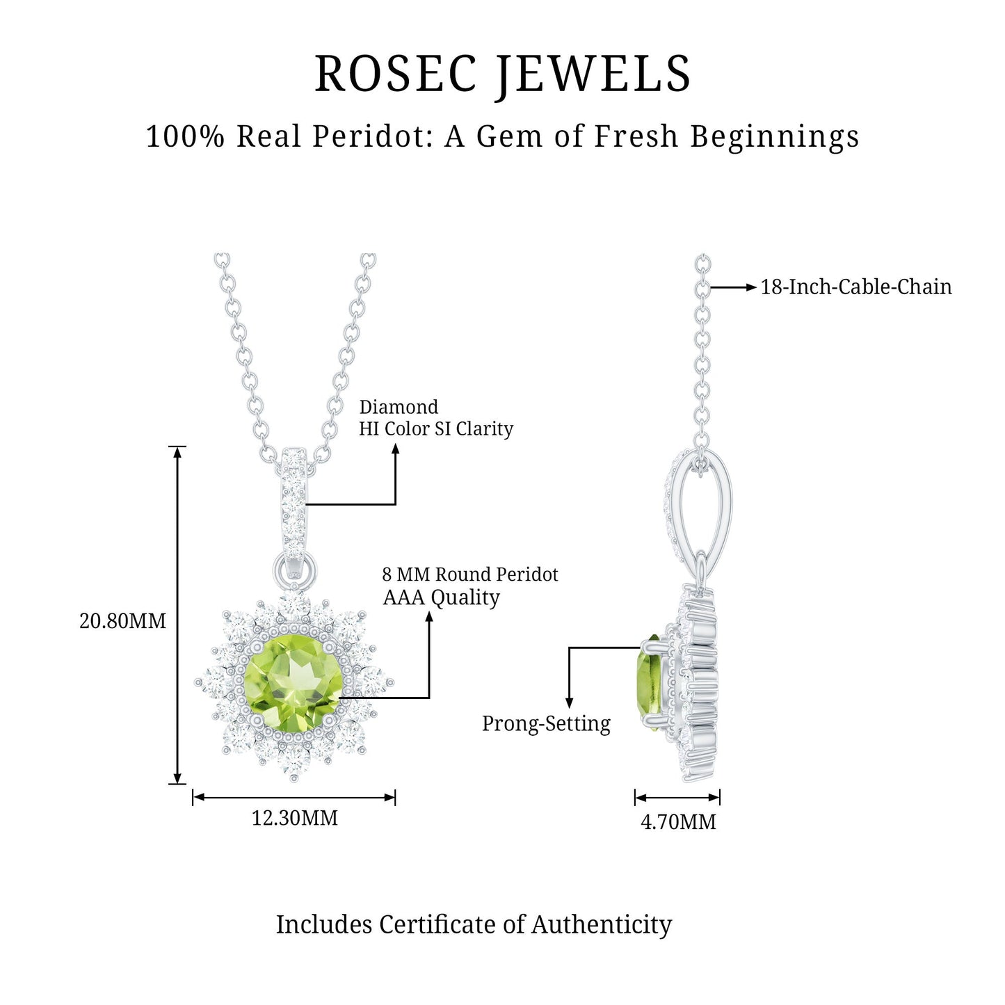 2 Carat Round Cut Peridot Halo Necklace with Diamond Bail