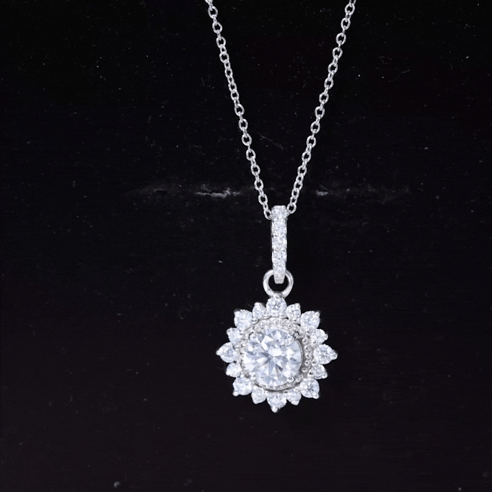 Round Moissanite Halo Necklace with Beaded Detailing