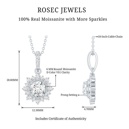 Round Moissanite Halo Necklace with Beaded Detailing