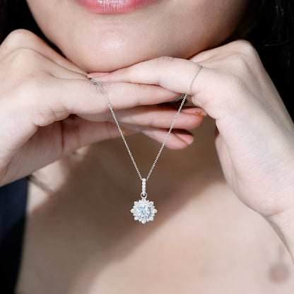 Round Moissanite Halo Necklace with Beaded Detailing