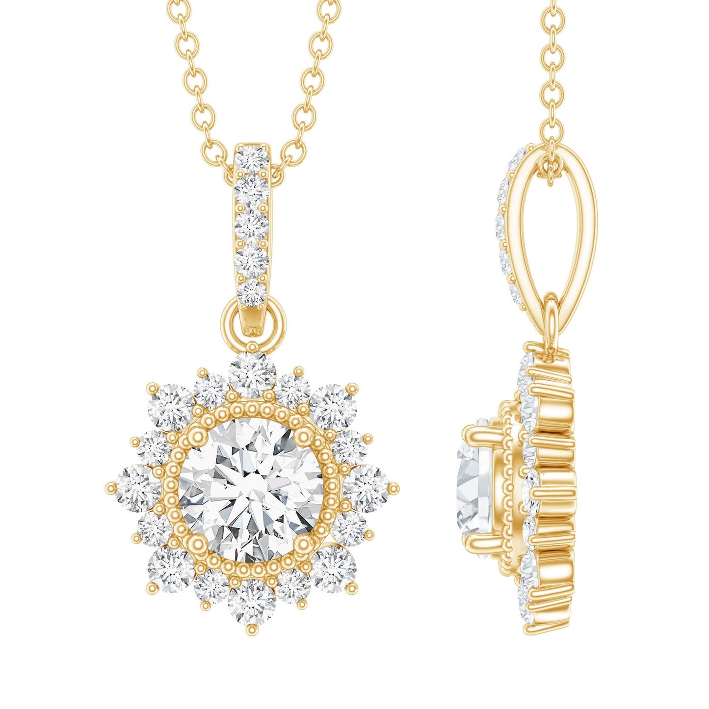 Round Moissanite Halo Necklace with Beaded Detailing