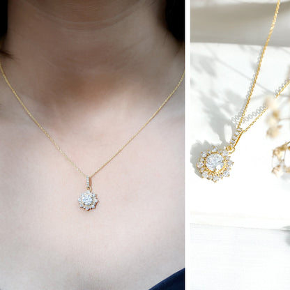 Round Moissanite Halo Necklace with Beaded Detailing