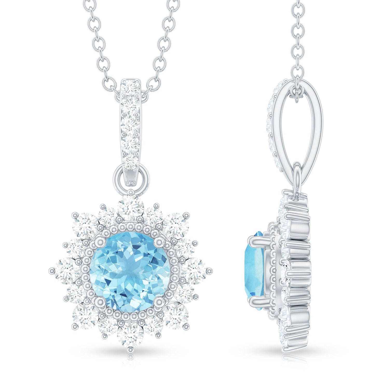 Natural 0.8 Carat Aquamarine Pendant Necklace with Diamond Halo