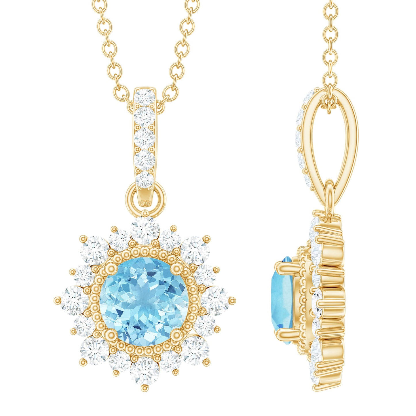 Natural 0.8 Carat Aquamarine Pendant Necklace with Diamond Halo