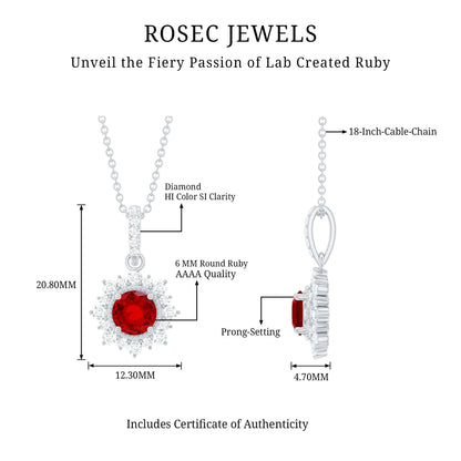 1.3 Carat Round Lab Created Ruby Bridal Necklace with Diamond Halo
