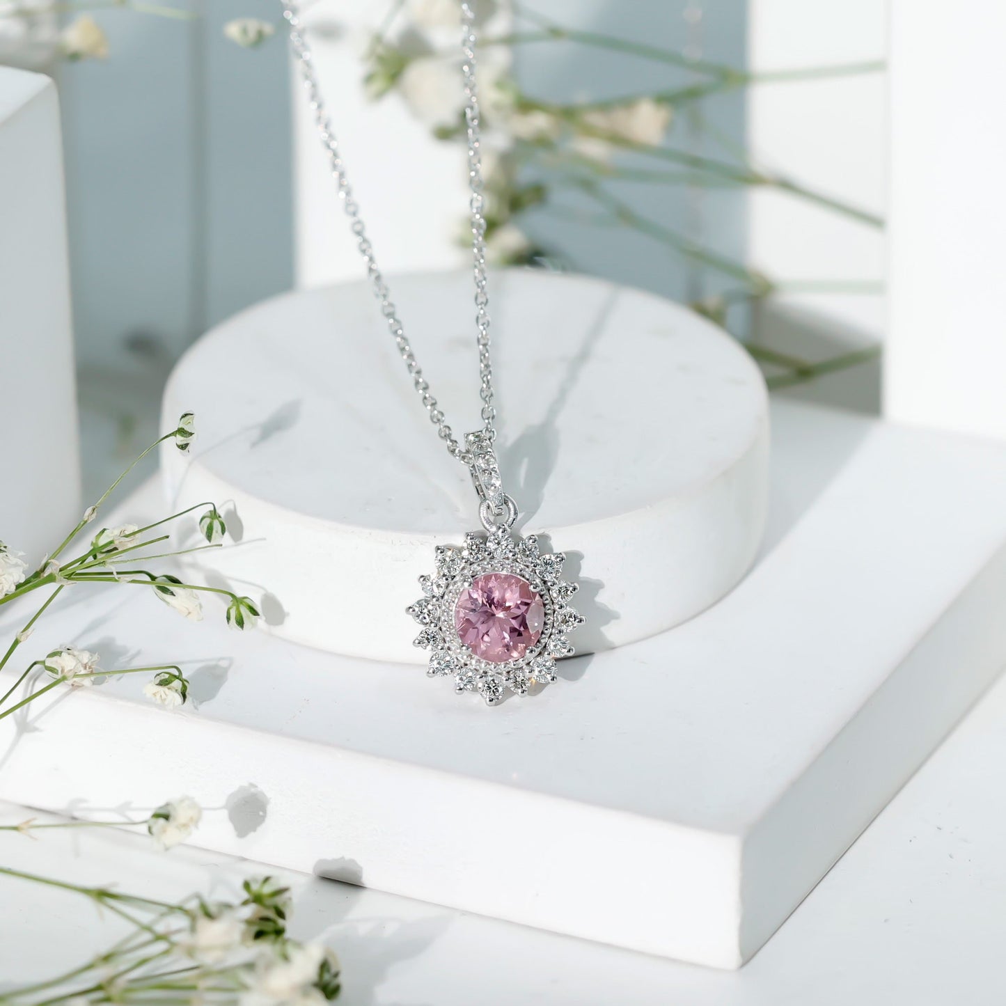 Natural 1.2 Carat Round Pink Tourmaline and Diamond Halo Pendant