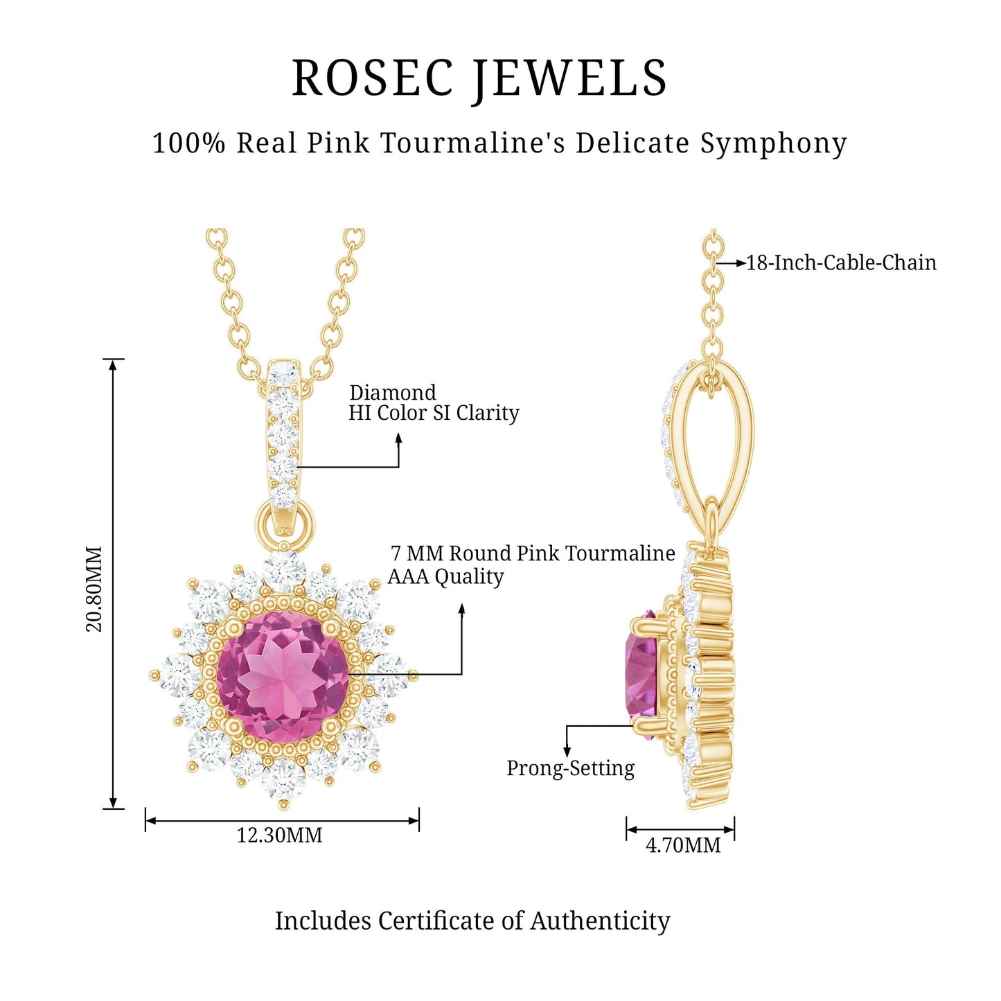 Natural 1.2 Carat Round Pink Tourmaline and Diamond Halo Pendant