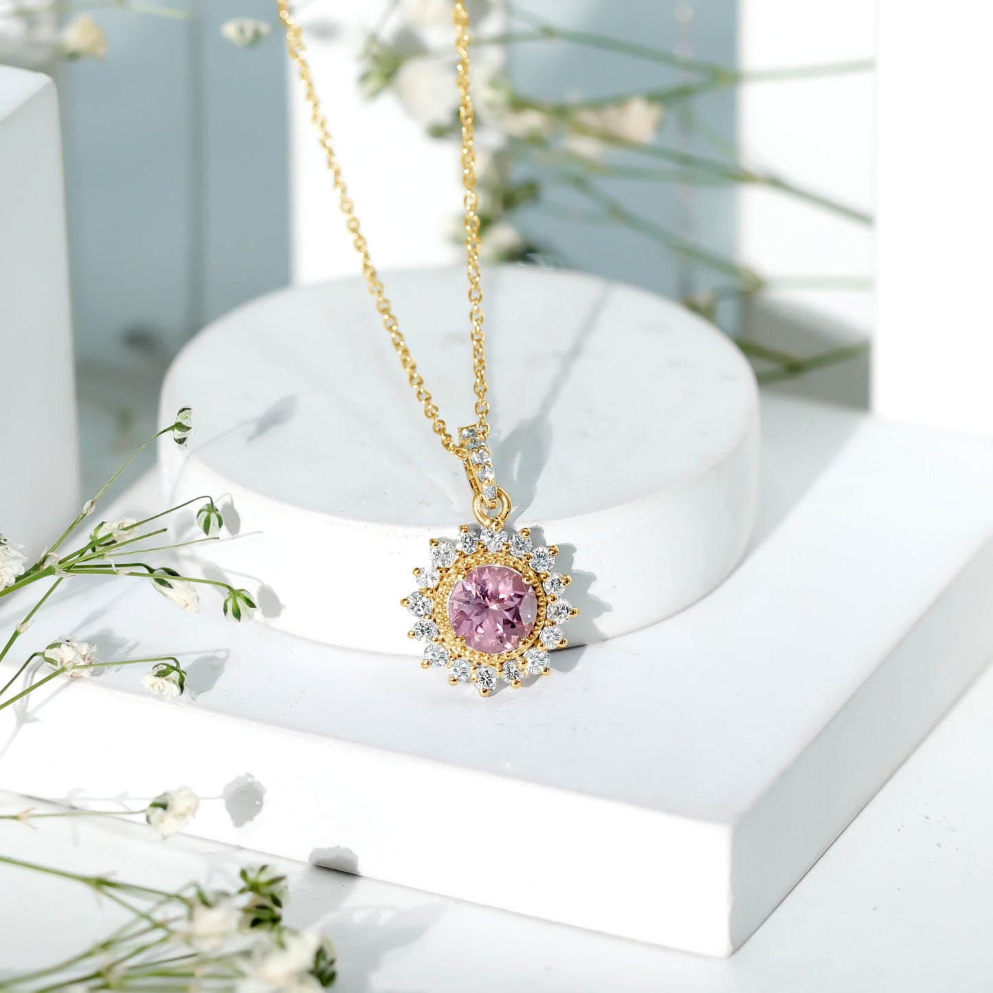 Natural 1.2 Carat Round Pink Tourmaline and Diamond Halo Pendant