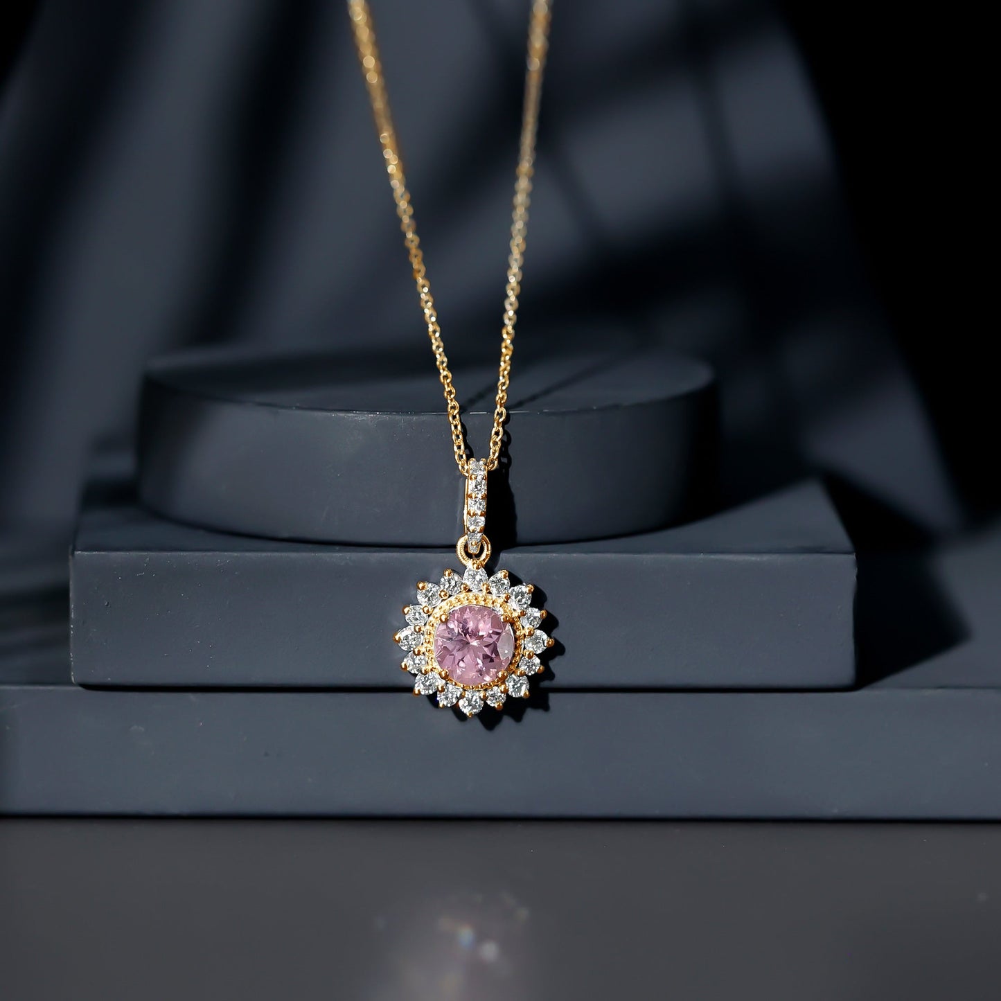Natural 1.2 Carat Round Pink Tourmaline and Diamond Halo Pendant