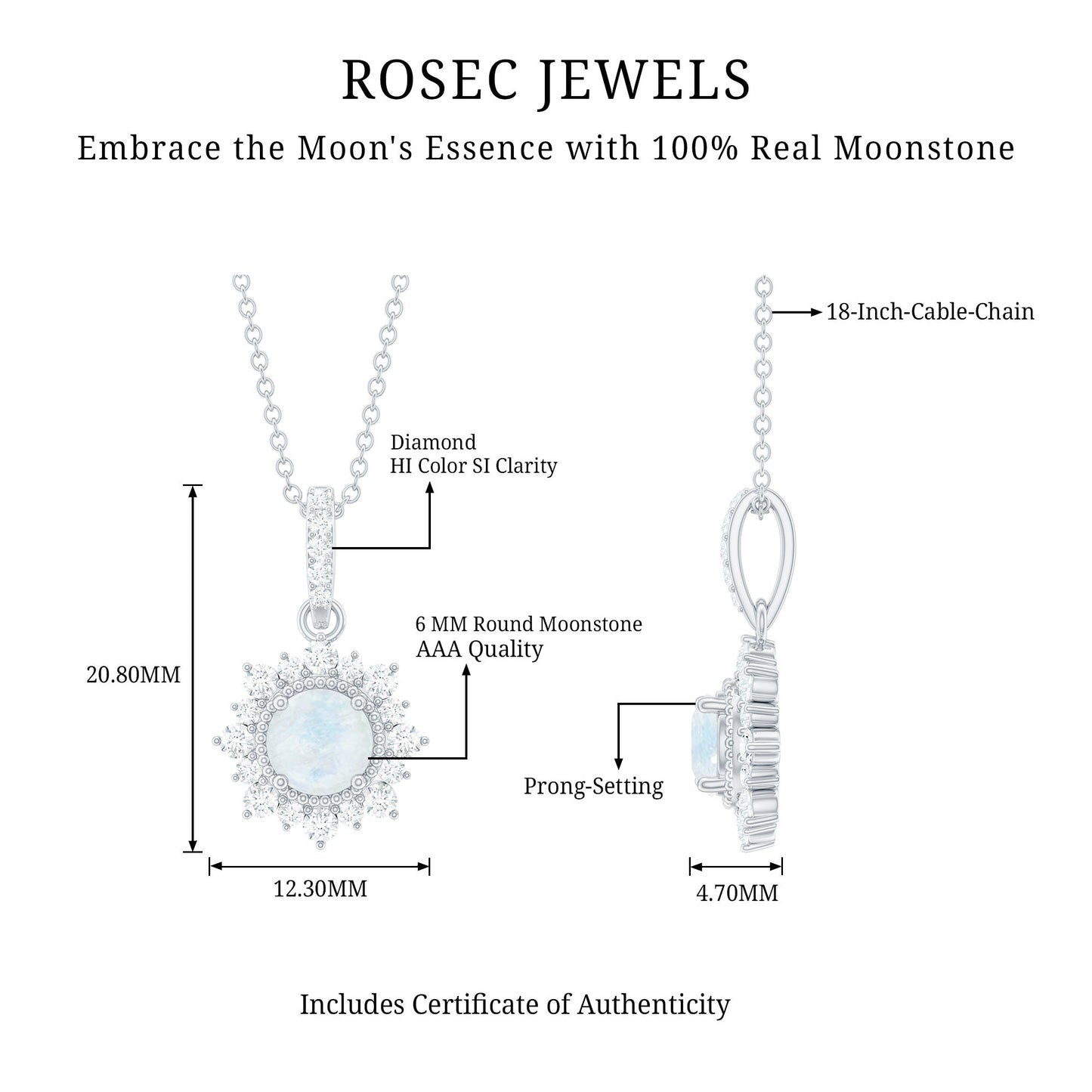 0.3 Carat Round Moonstone Halo Pendant with Diamond Bail