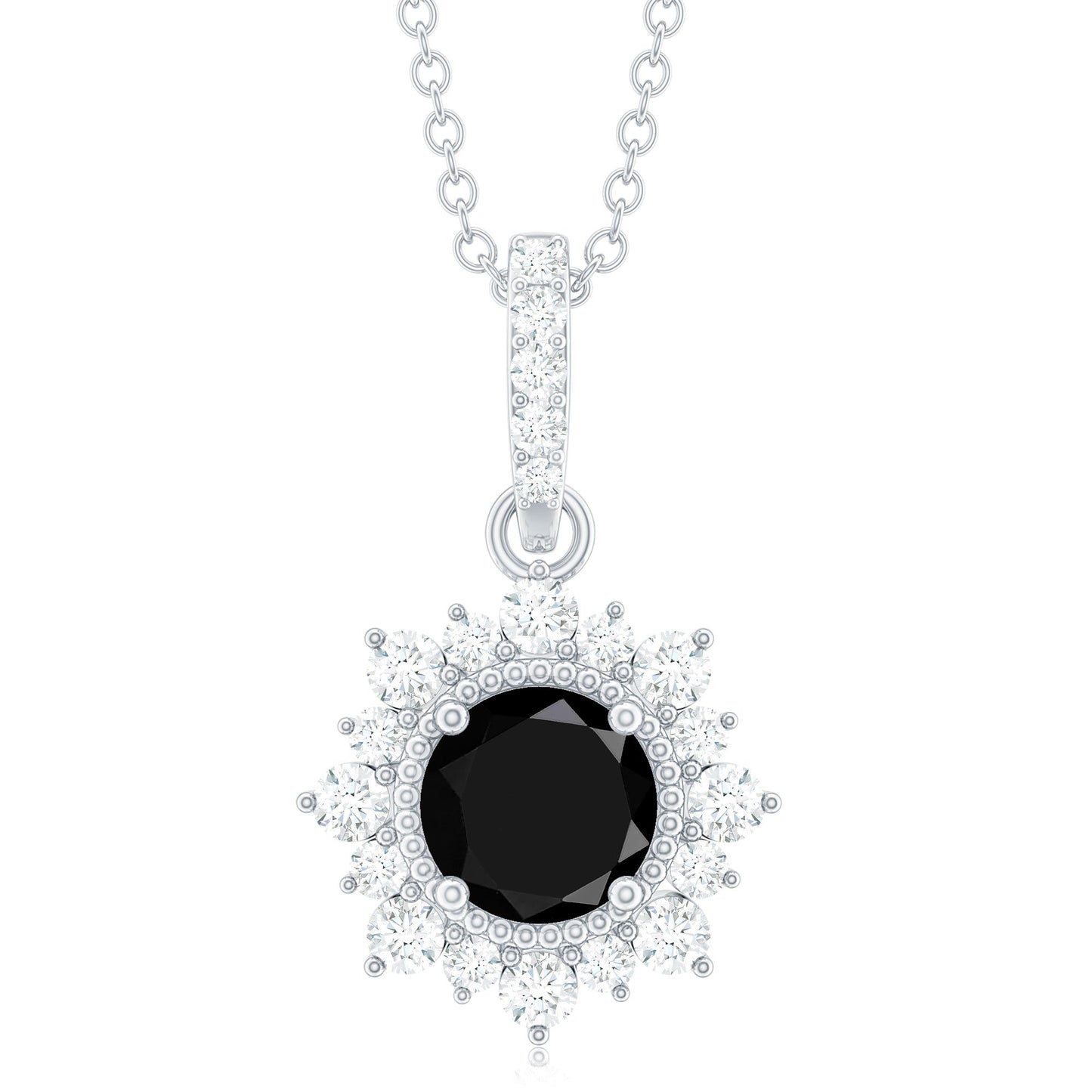 Natural 2 Carat Black Onyx Pendant Necklace with Diamond Halo