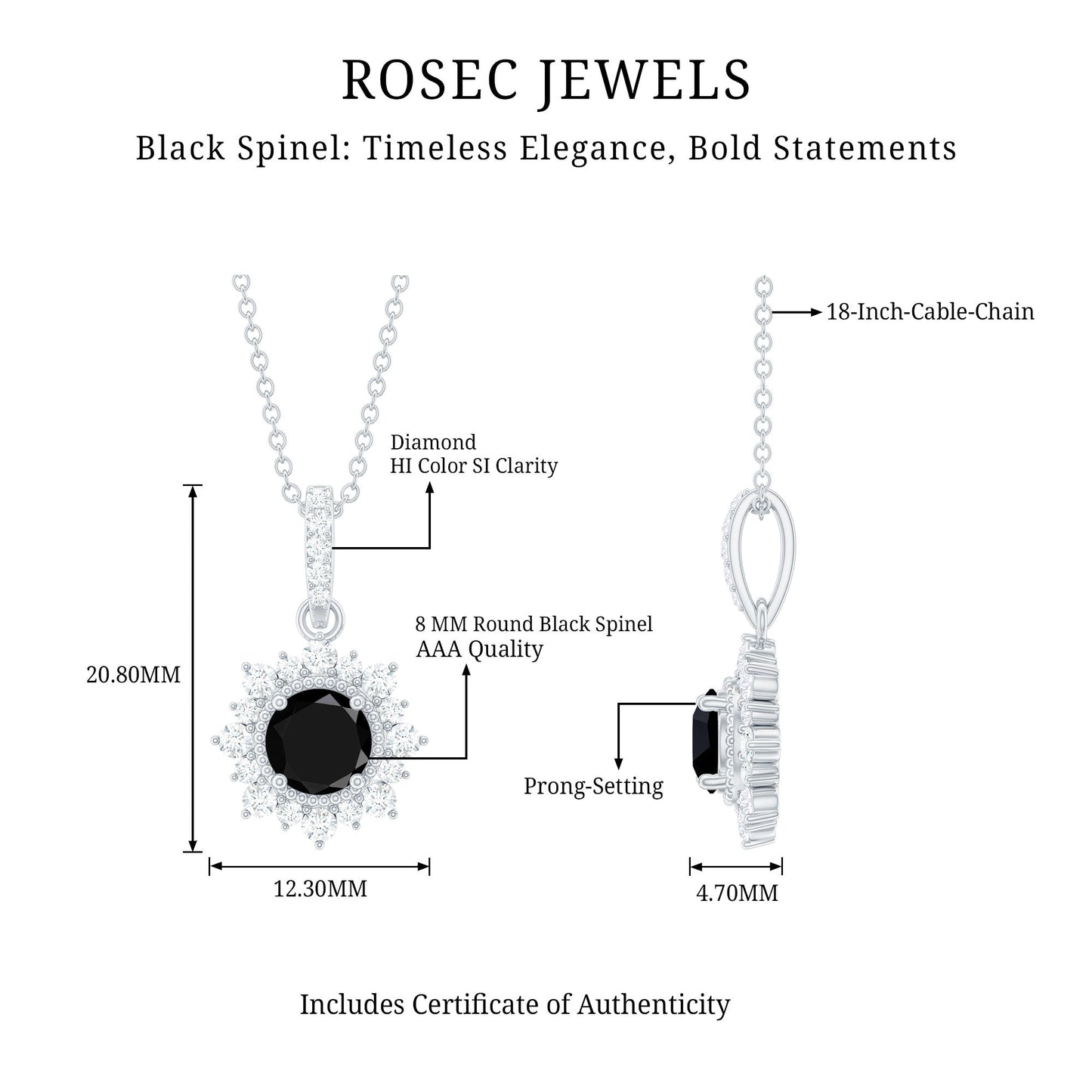 Round Black Spinel Halo Pendant with Diamond Accent Bail