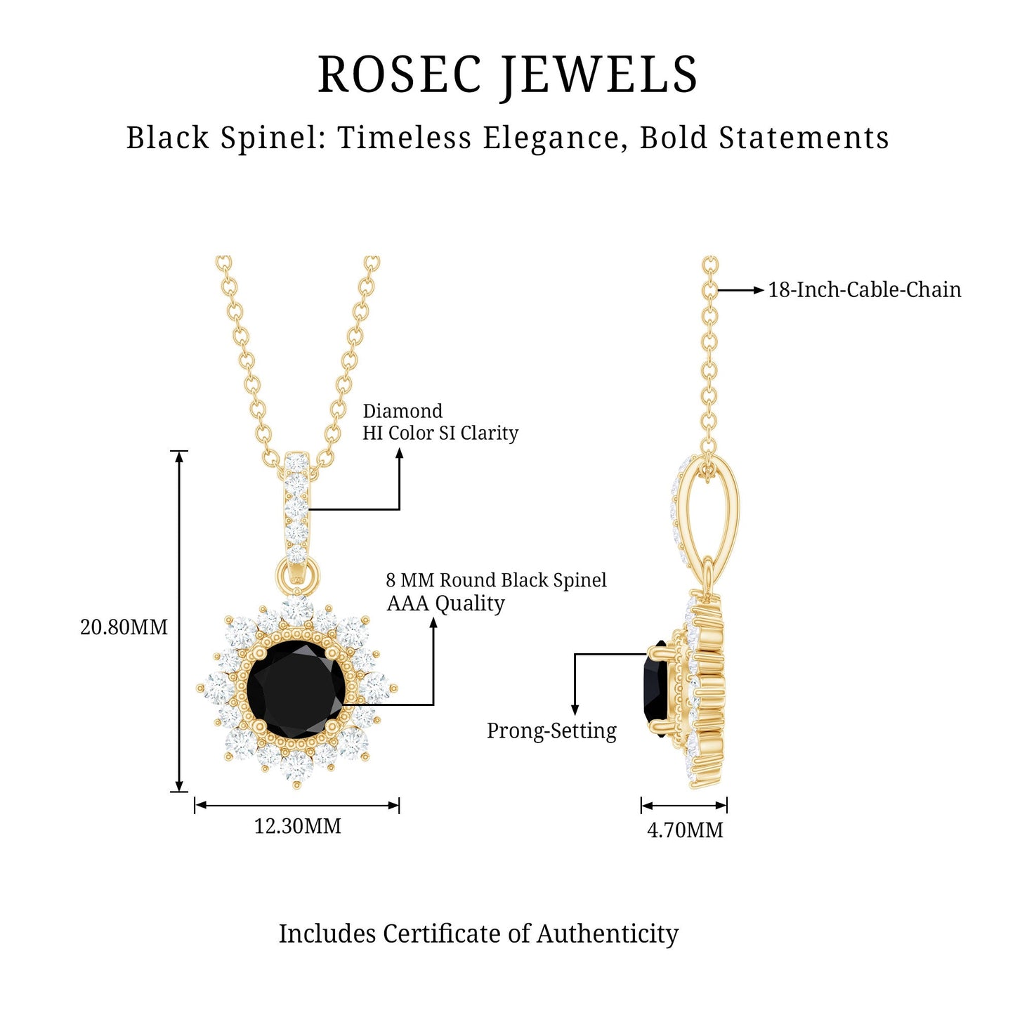 Round Black Spinel Halo Pendant with Diamond Accent Bail
