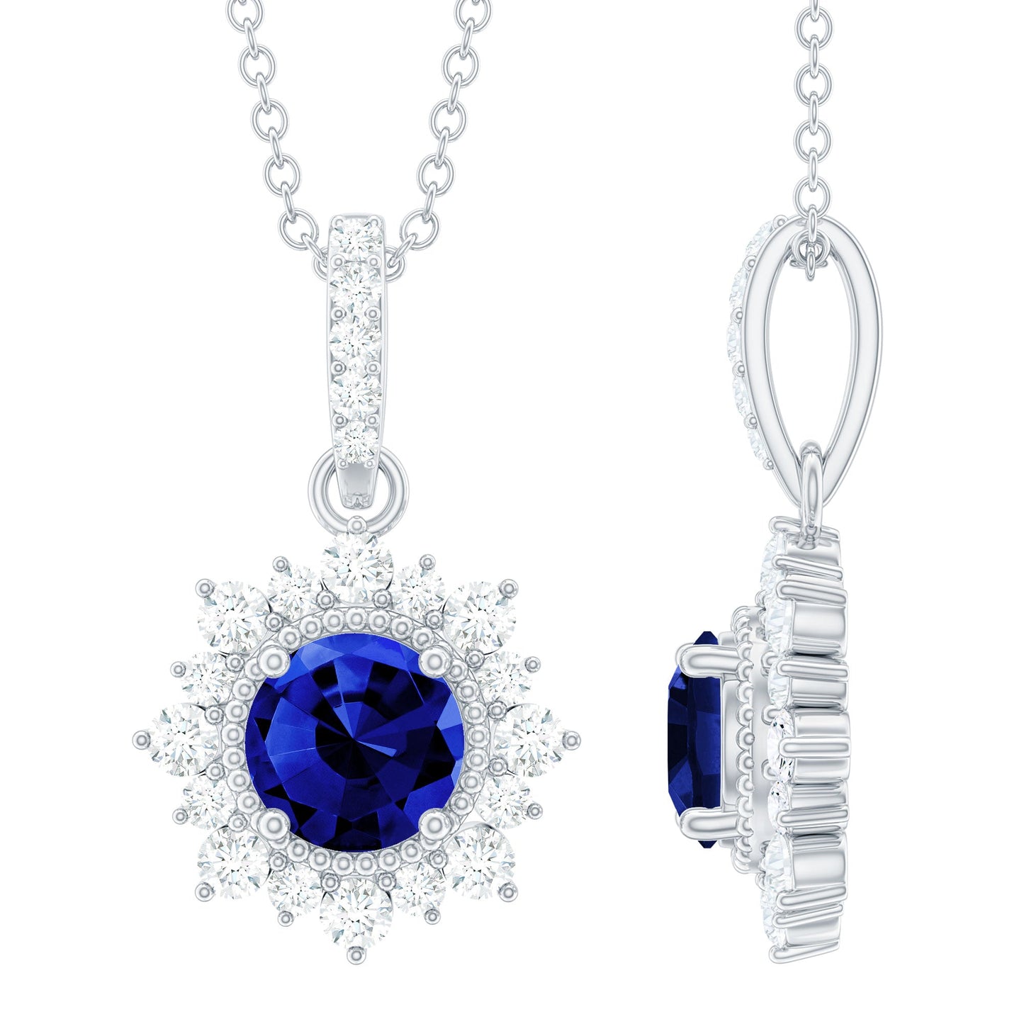 1 Carat Round Lab Grown Blue Sapphire Halo Necklace with Diamond