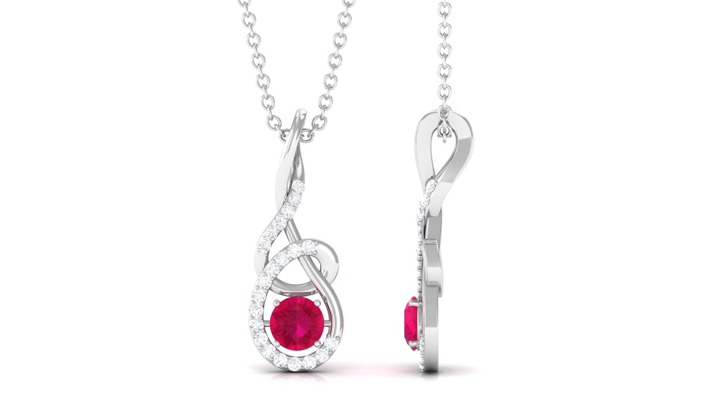 Designer Round Ruby and Diamond Twisted Drop Pendant