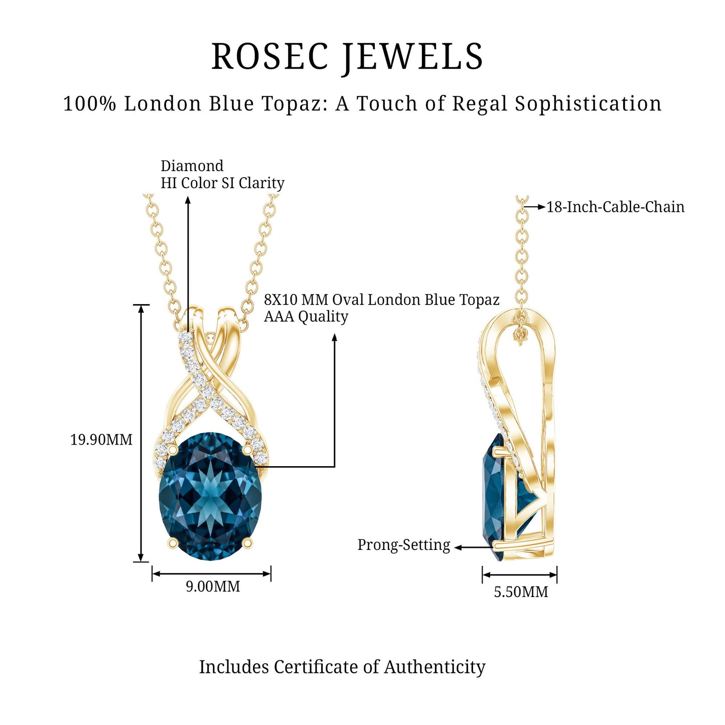 2.5 Carat Oval London Blue Topaz Solitaire Necklace with Diamond Twisted Bail