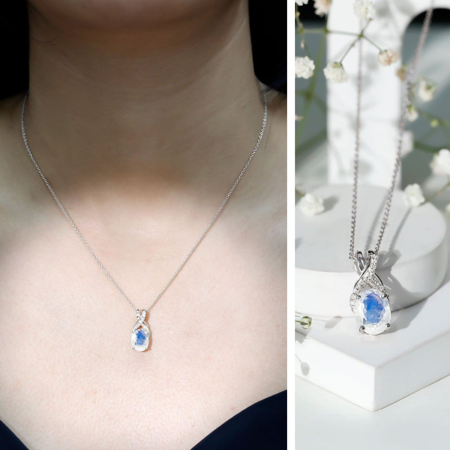 Real 0.6 Carat Oval Shape Moonstone Necklace with Diamond Twisted Bail