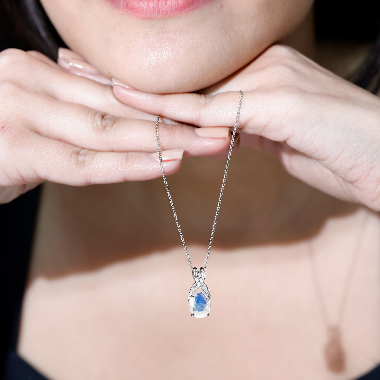 Real 0.6 Carat Oval Shape Moonstone Necklace with Diamond Twisted Bail
